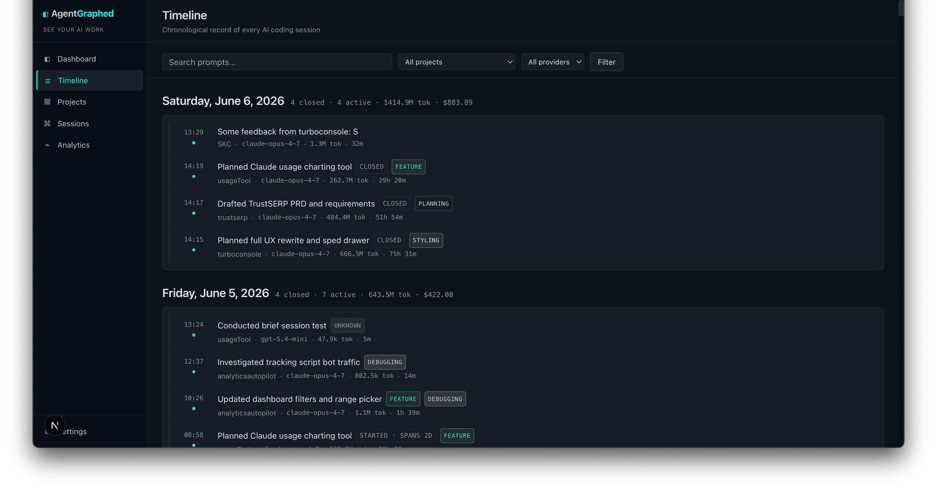 Timeline — Every session, grouped by day. Multi-day sessions get STARTED · SPANS Nd / CONTINUED / CLOSED badges so nothing hides on a single bucket.